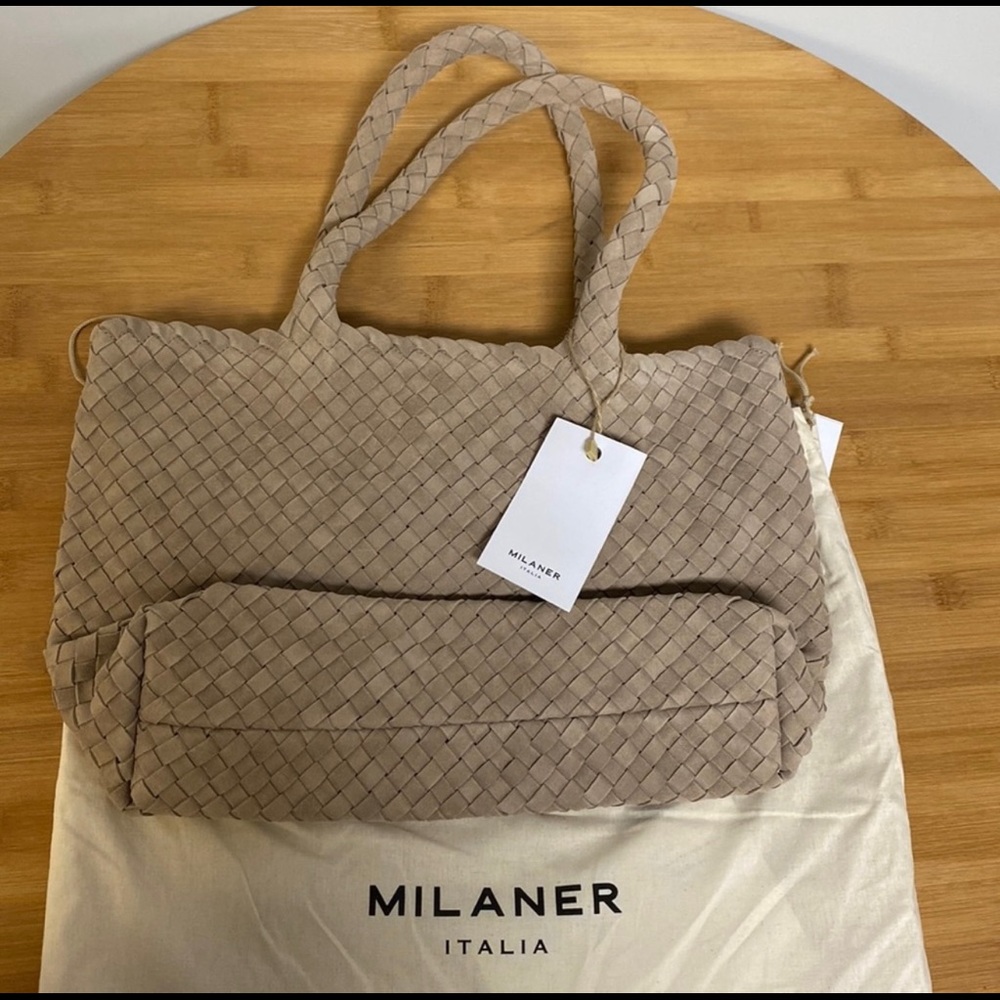 Milaner Mini Elena Woven Handbag in Taupe Suede